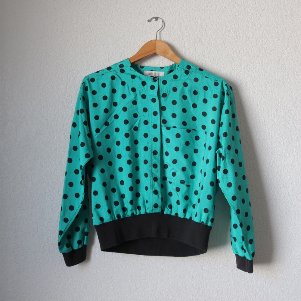 Vintage Josephine Green Polkadot Top W/shoulder pads!! Sz: M